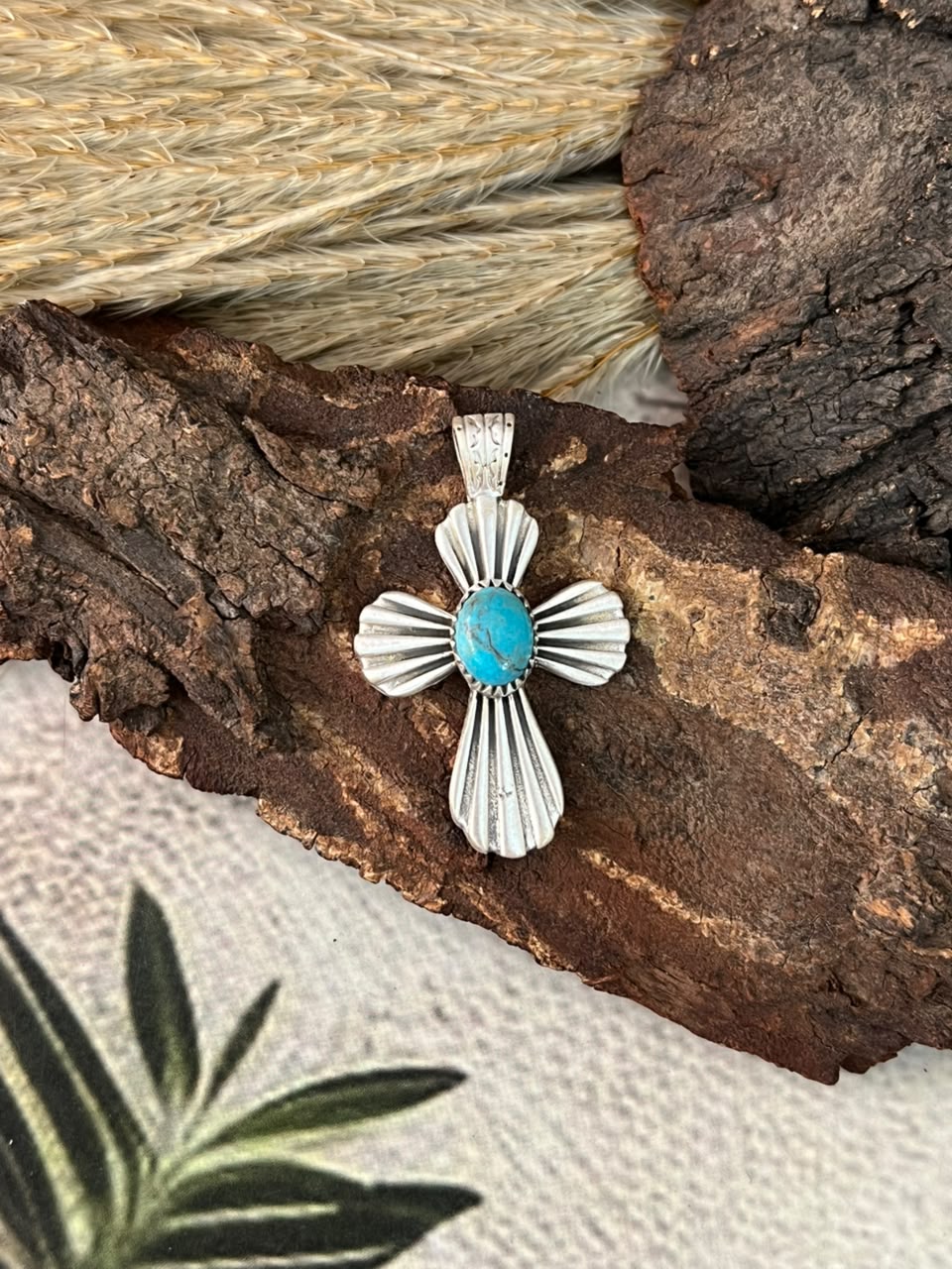 Handmade Sterling Silver Kingman Turquoise Cross Pendant Signed Nizhoni