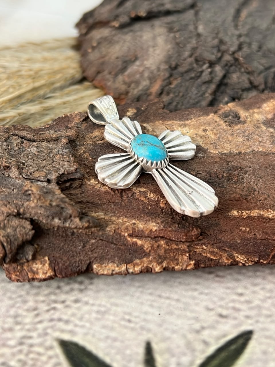 Handmade Sterling Silver Kingman Turquoise Cross Pendant Signed Nizhoni