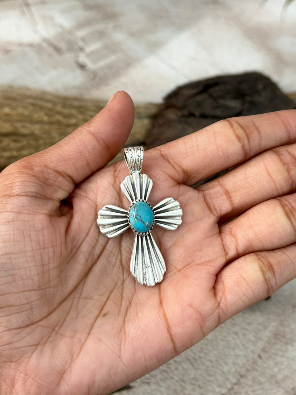 Handmade Sterling Silver Kingman Turquoise Cross Pendant Signed Nizhoni