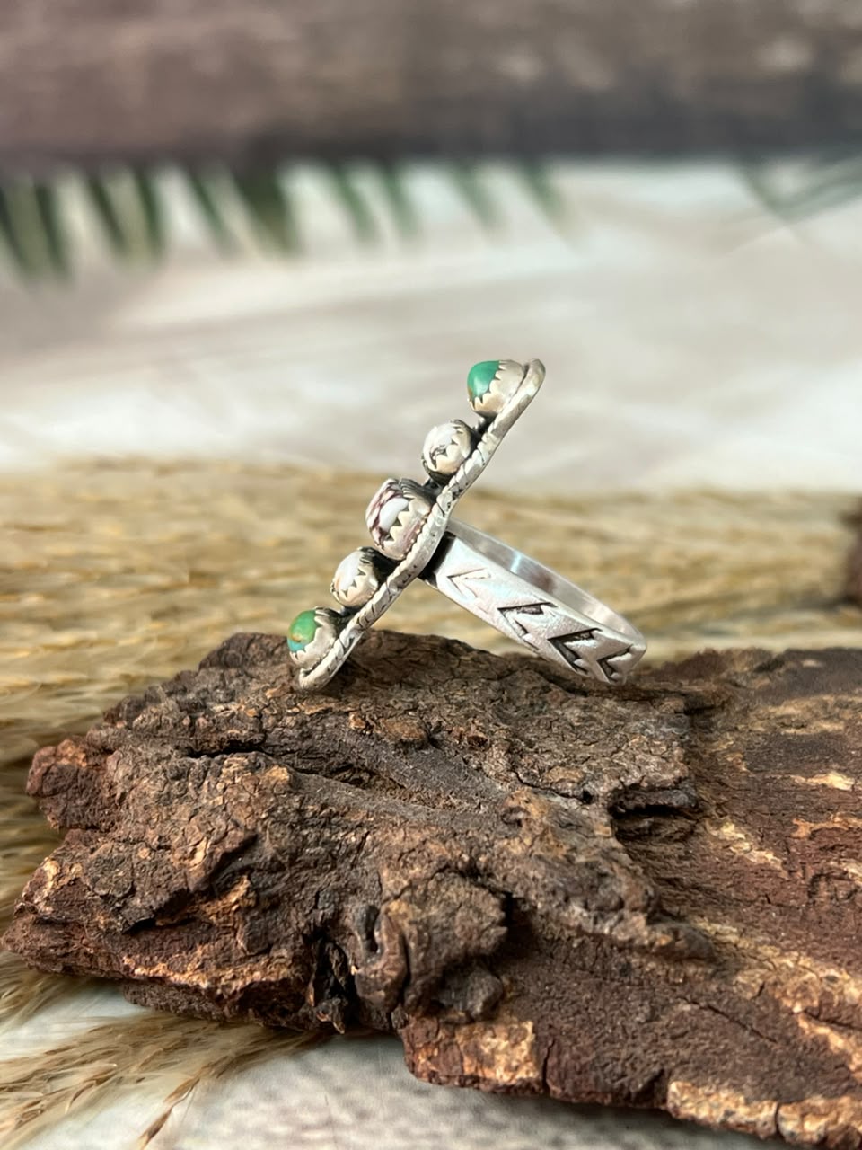 Handmade Sterling Silver Wildhorse Magnesite with Kingman Turquoise Adjustable Ring Signed Nizhoni