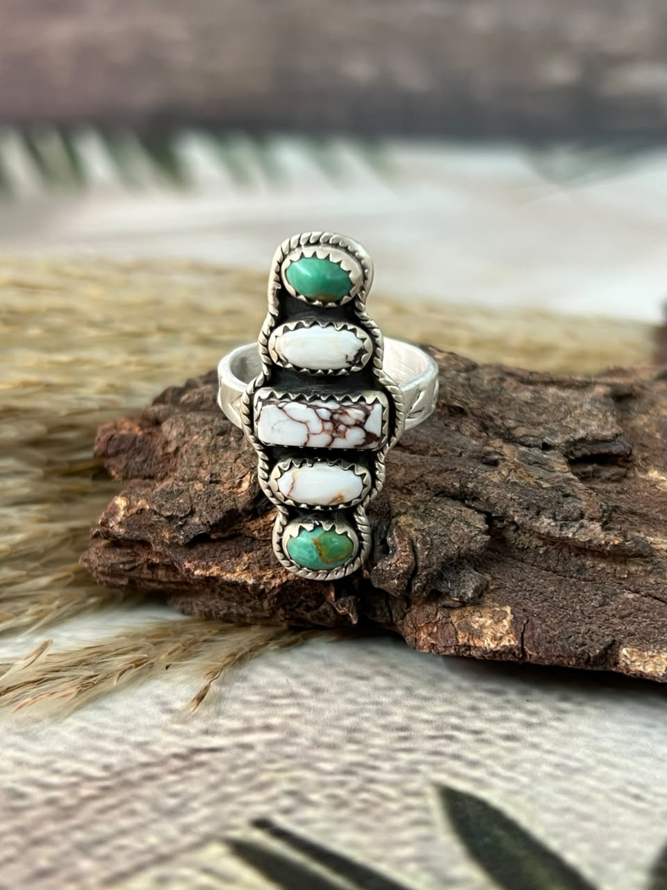 Handmade Sterling Silver Wildhorse Magnesite with Kingman Turquoise Adjustable Ring Signed Nizhoni