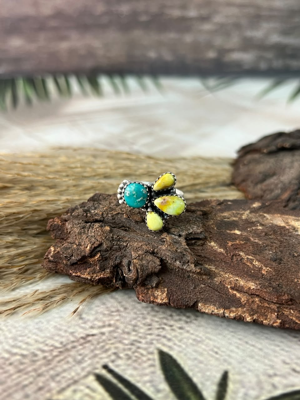 Handmade Sterling Silver White Water with Palomino Turquoise Adjustable Ring Signed Nizhoni (1)