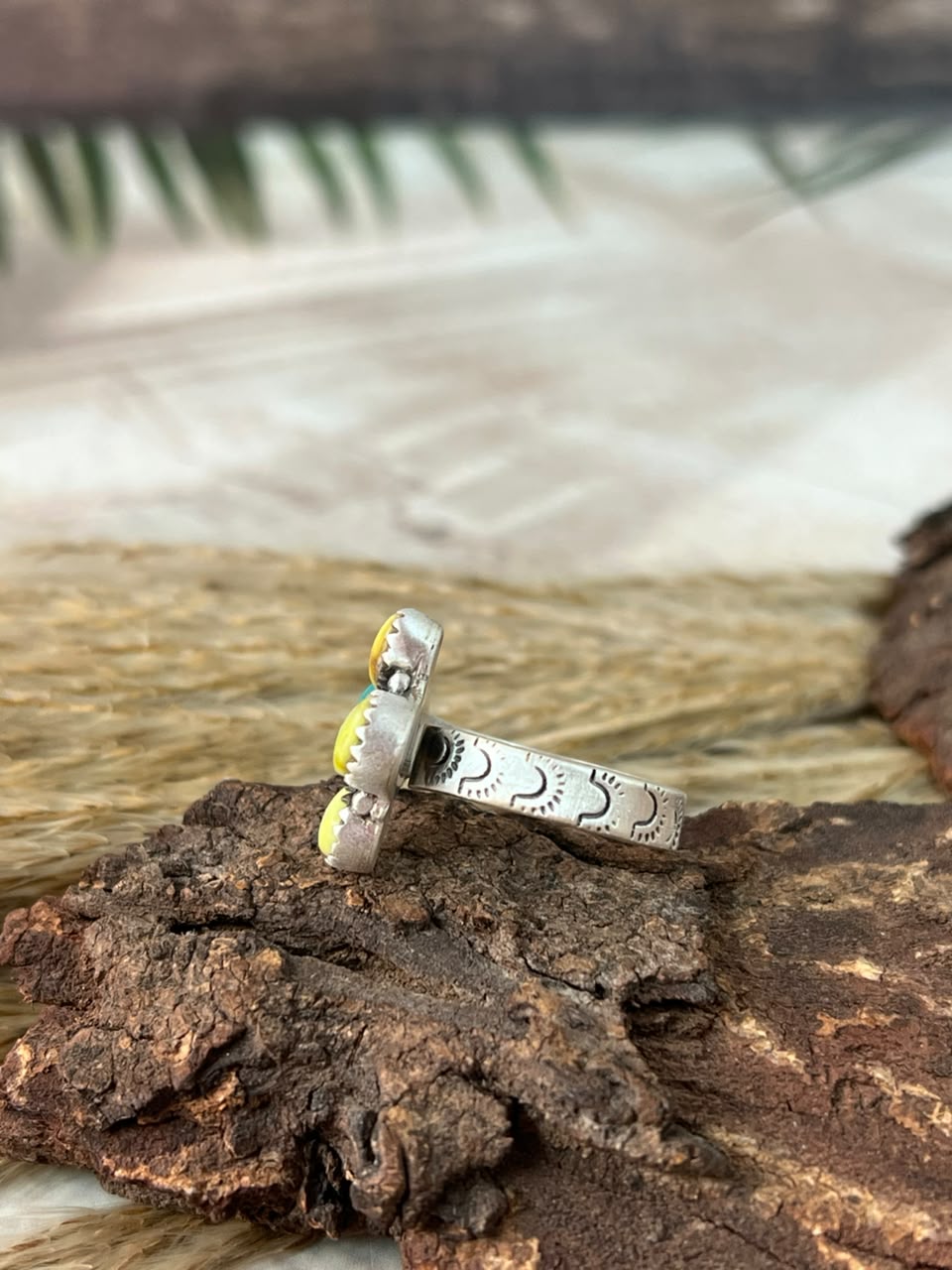 Handmade Sterling Silver White Water with Palomino Turquoise Adjustable Ring Signed Nizhoni (1)