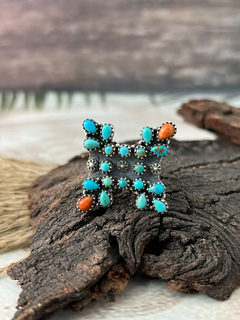 Handmade Sterling Silver Orange Mojave with Kingman Turquoise Adjustable Ring Signed Nizhoni