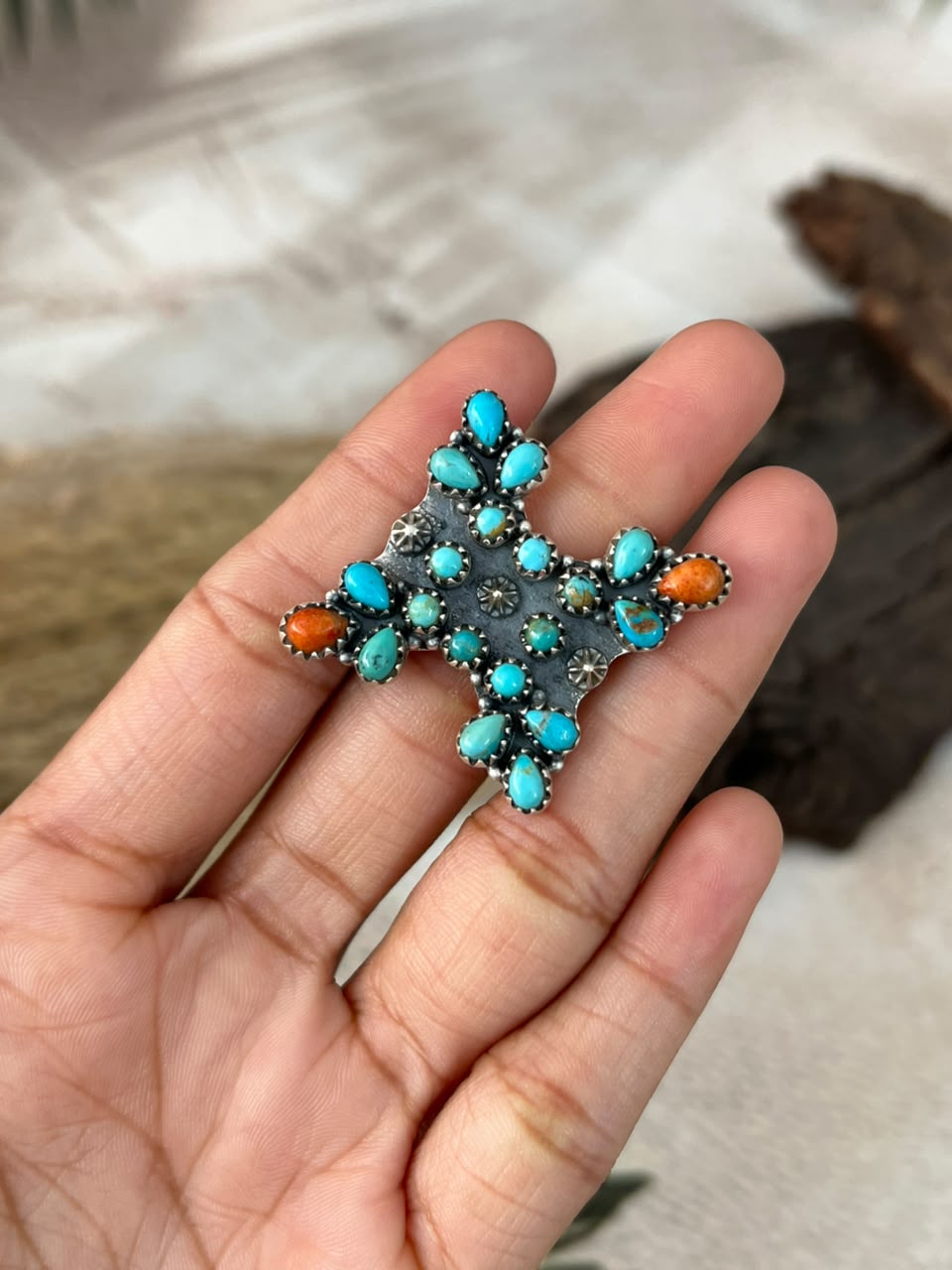 Handmade Sterling Silver Orange Mojave with Kingman Turquoise Adjustable Ring Signed Nizhoni