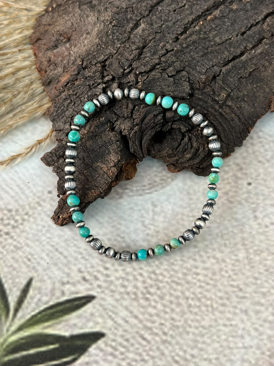 Handmade Sterling Silver Kingman Turquoise Stretchy Beaded Bracelet