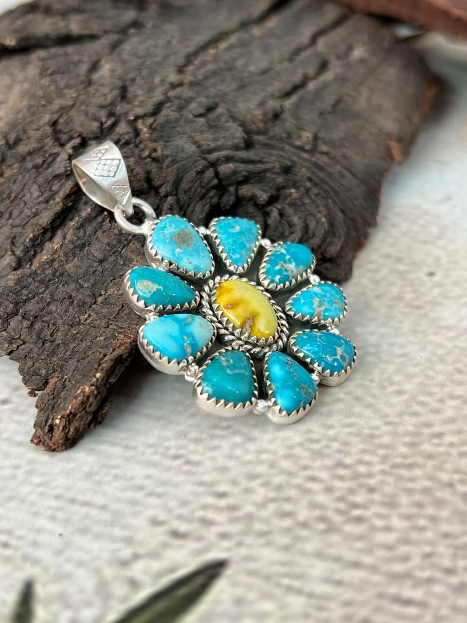 Handmade Sterling Silver White Water with Palomino Turquoise Pendant Signed Nizhoni