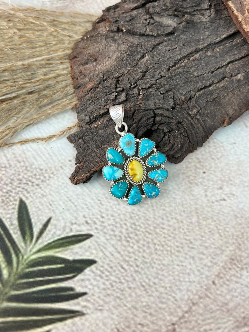 Handmade Sterling Silver White Water with Palomino Turquoise Pendant Signed Nizhoni