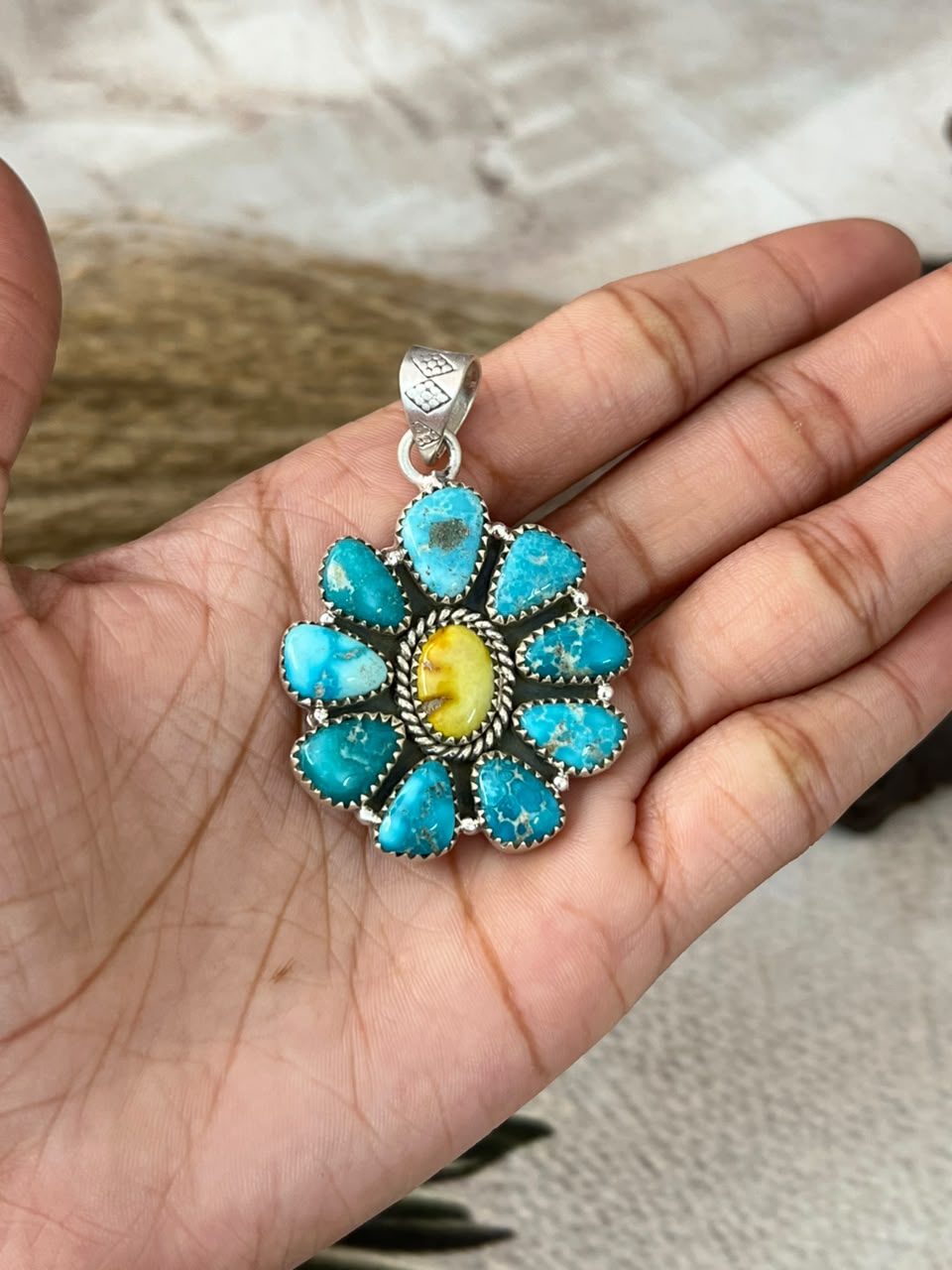 Handmade Sterling Silver White Water with Palomino Turquoise Pendant Signed Nizhoni