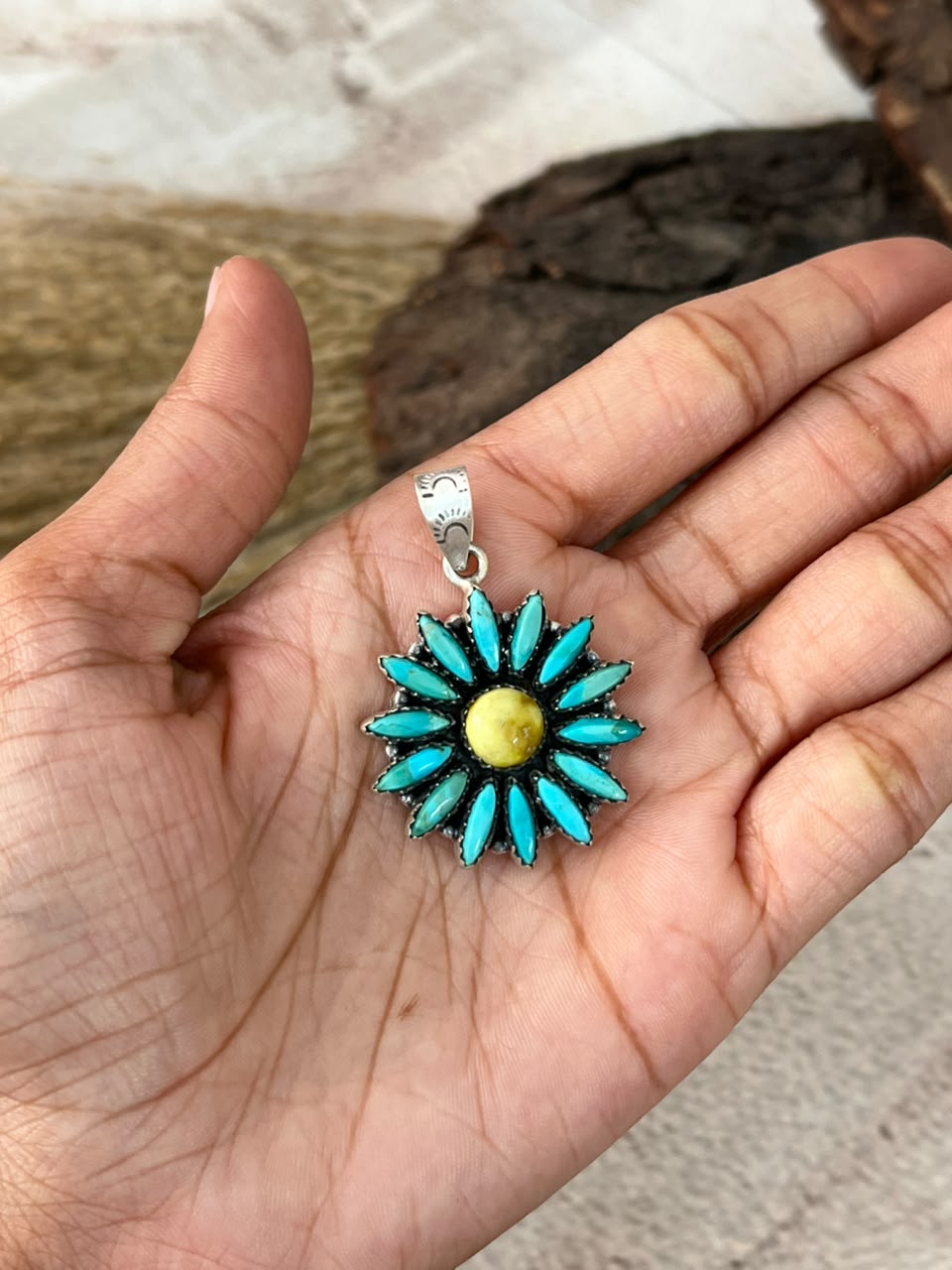 Handmade Sterling Silver White Water with Palomino Turquoise Pendant Signed Nizhoni