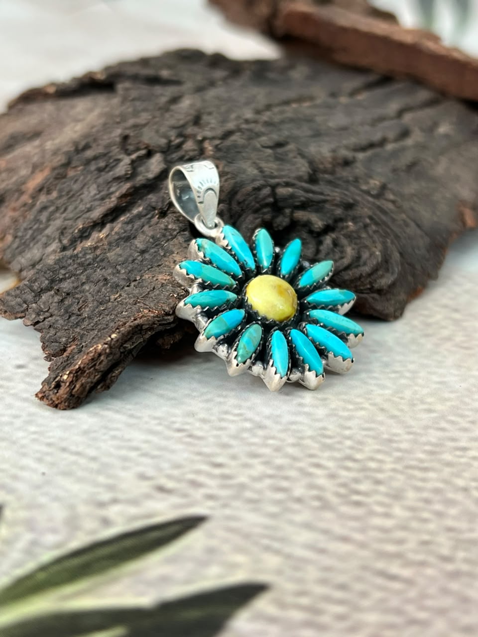 Handmade Sterling Silver White Water with Palomino Turquoise Pendant Signed Nizhoni