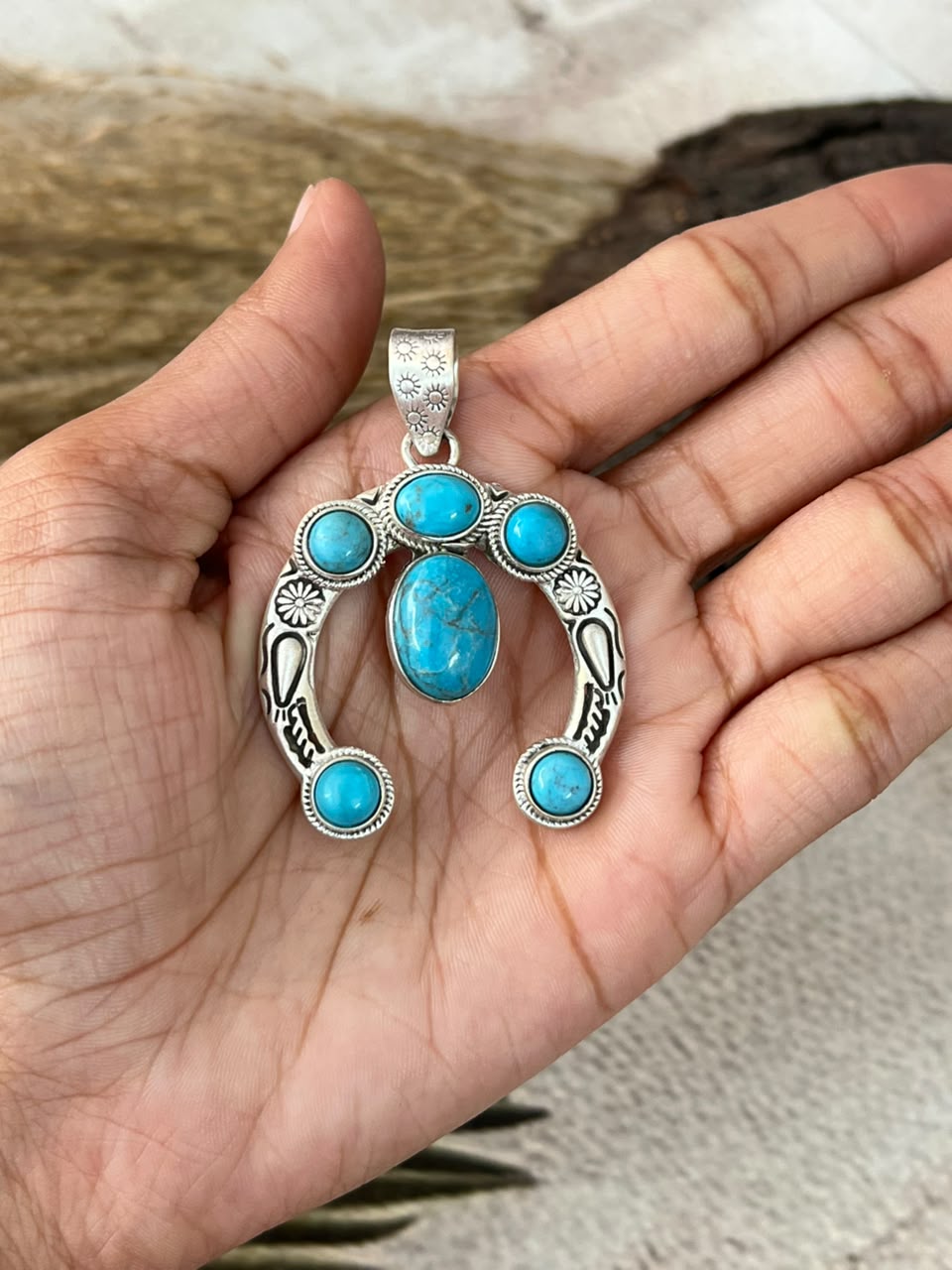 Handmade Sterling Silver Kingman Turquoise Naja Pendant Signed Nizhoni