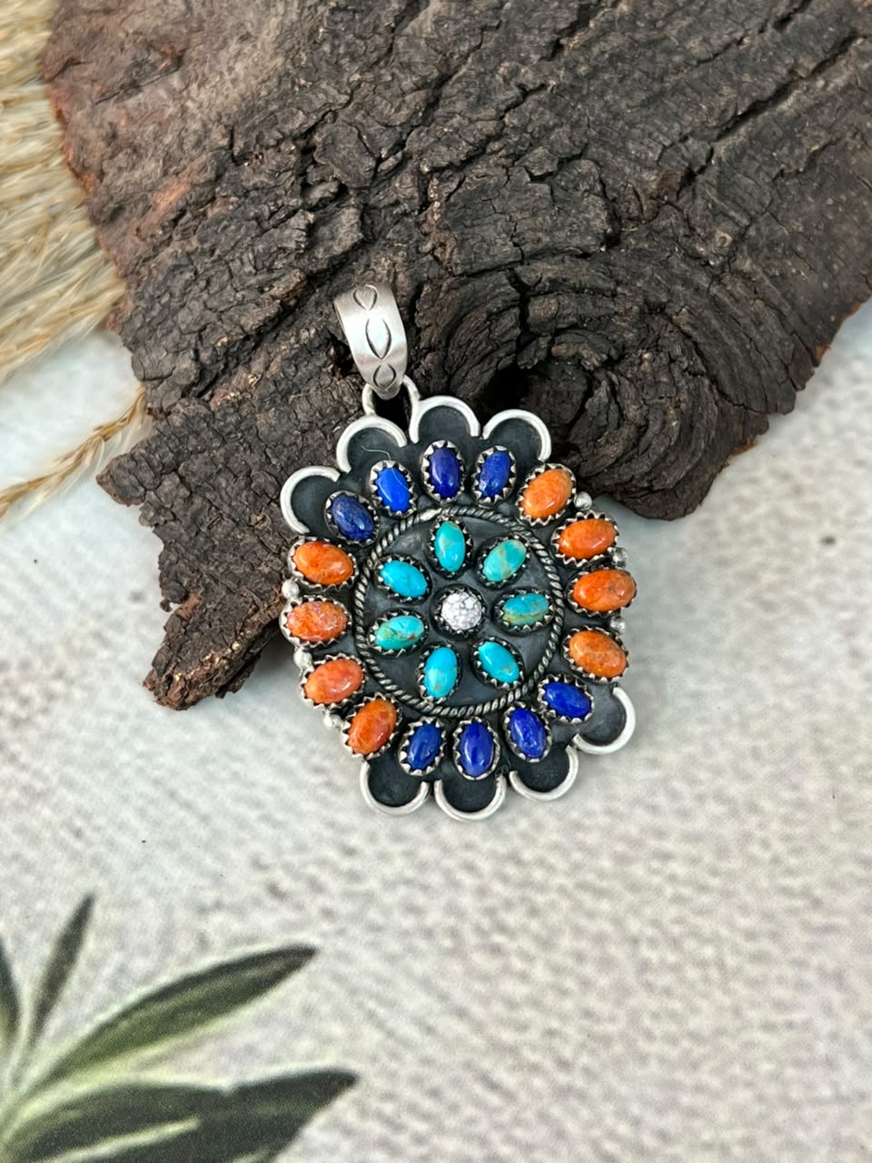 Handmade Sterling Silver Orange Mojave with Kingman Turquoise, Lapis and Wildhorse Magnesite Pendant Signed Nizhoni