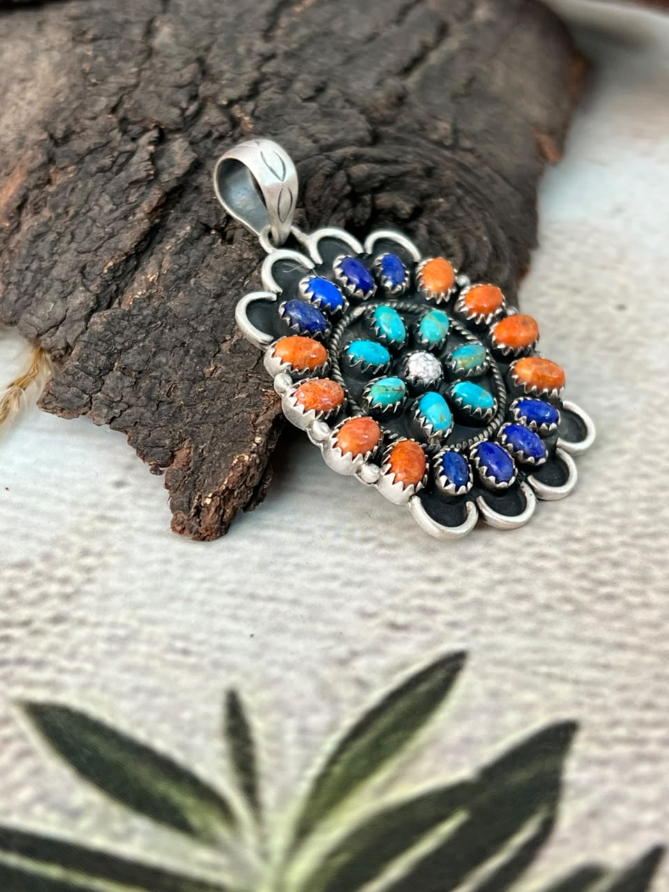 Handmade Sterling Silver Orange Mojave with Kingman Turquoise, Lapis and Wildhorse Magnesite Pendant Signed Nizhoni