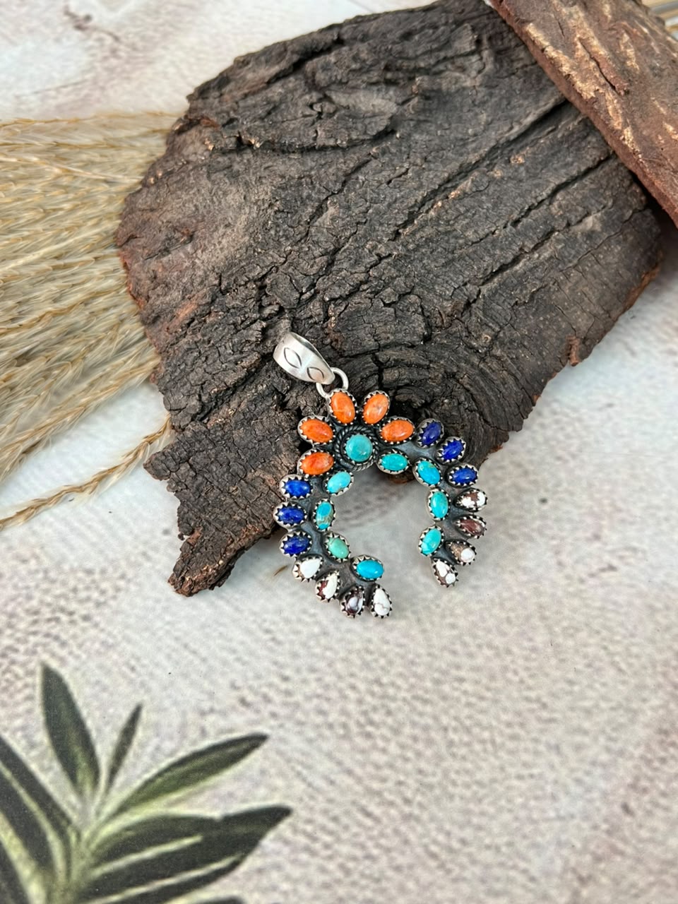 Handmade Sterling Silver Orange Mojave with Kingman Turquoise, Lapis and Wildhorse Magnesite Naja Pendant Signed Nizhoni