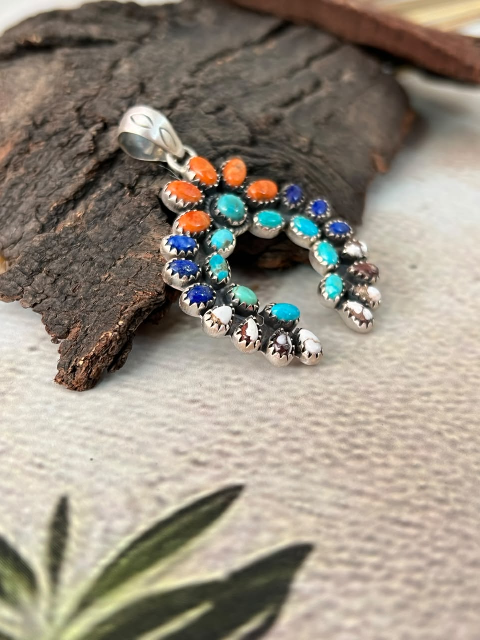 Handmade Sterling Silver Orange Mojave with Kingman Turquoise, Lapis and Wildhorse Magnesite Naja Pendant Signed Nizhoni