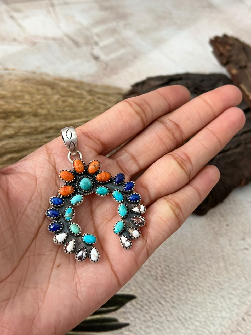 Handmade Sterling Silver Orange Mojave with Kingman Turquoise, Lapis and Wildhorse Magnesite Naja Pendant Signed Nizhoni