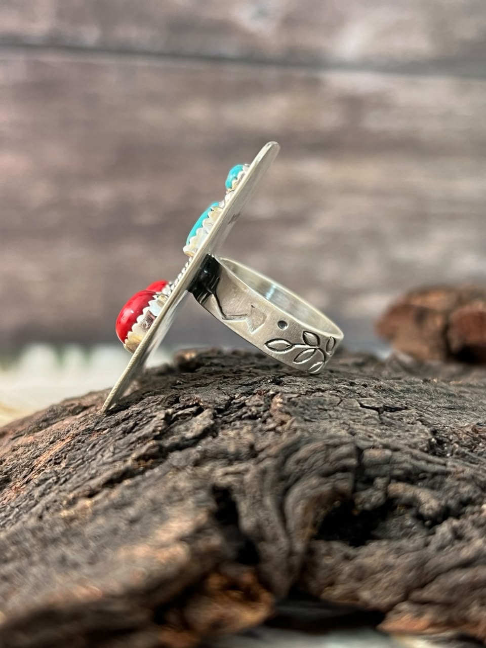 Handmade Sterling Silver Rosarita with Kingman Turquoise Cherry Adjustable Ring Signed Nizhoni