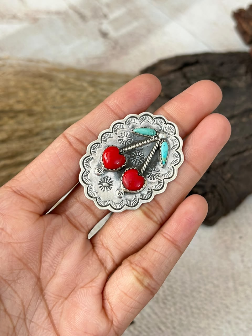 Handmade Sterling Silver Rosarita with Kingman Turquoise Cherry Adjustable Ring Signed Nizhoni