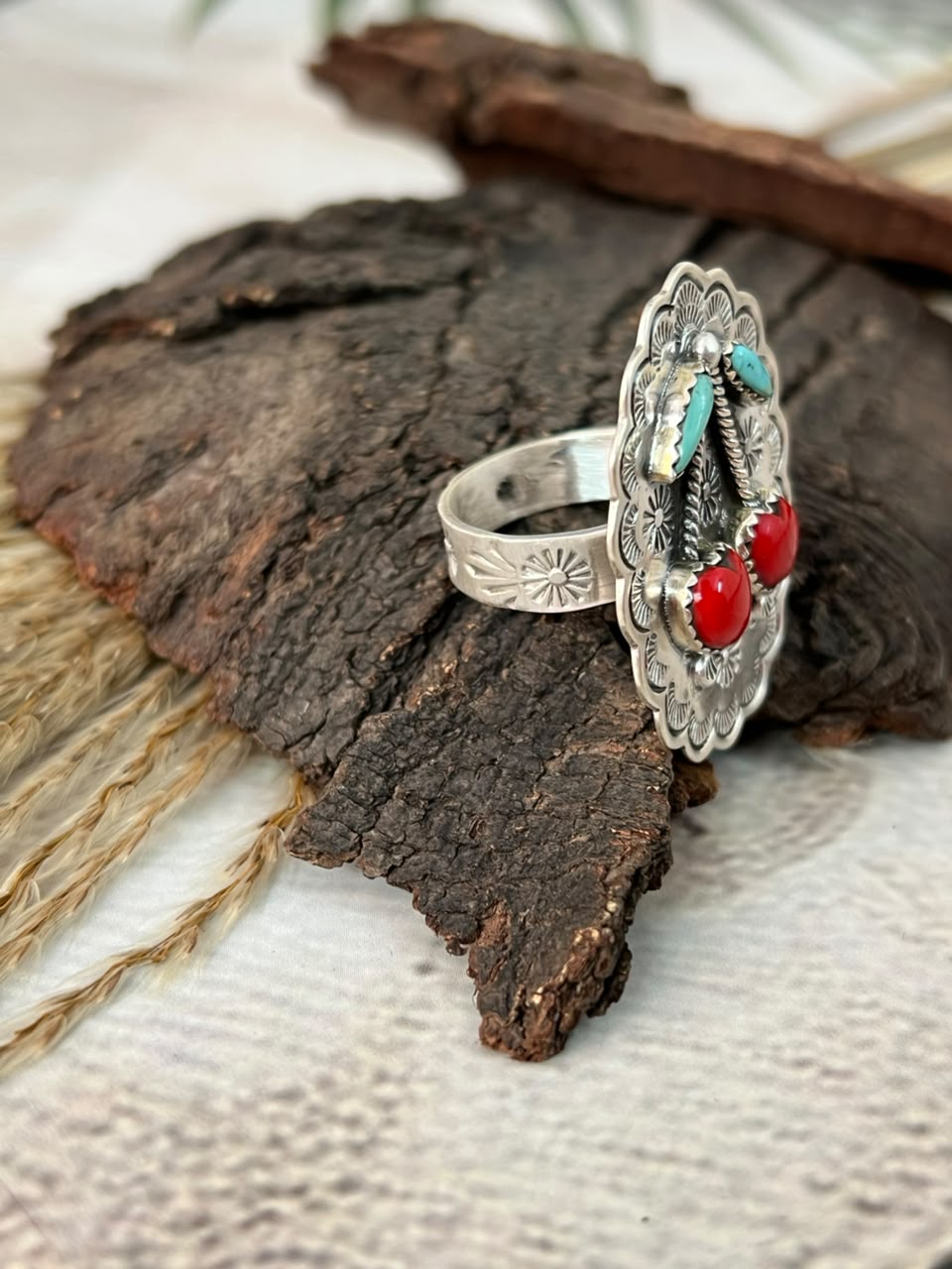 Handmade Sterling Silver Rosarita with Kingman Turquoise Cherry Adjustable Ring Signed Nizhoni