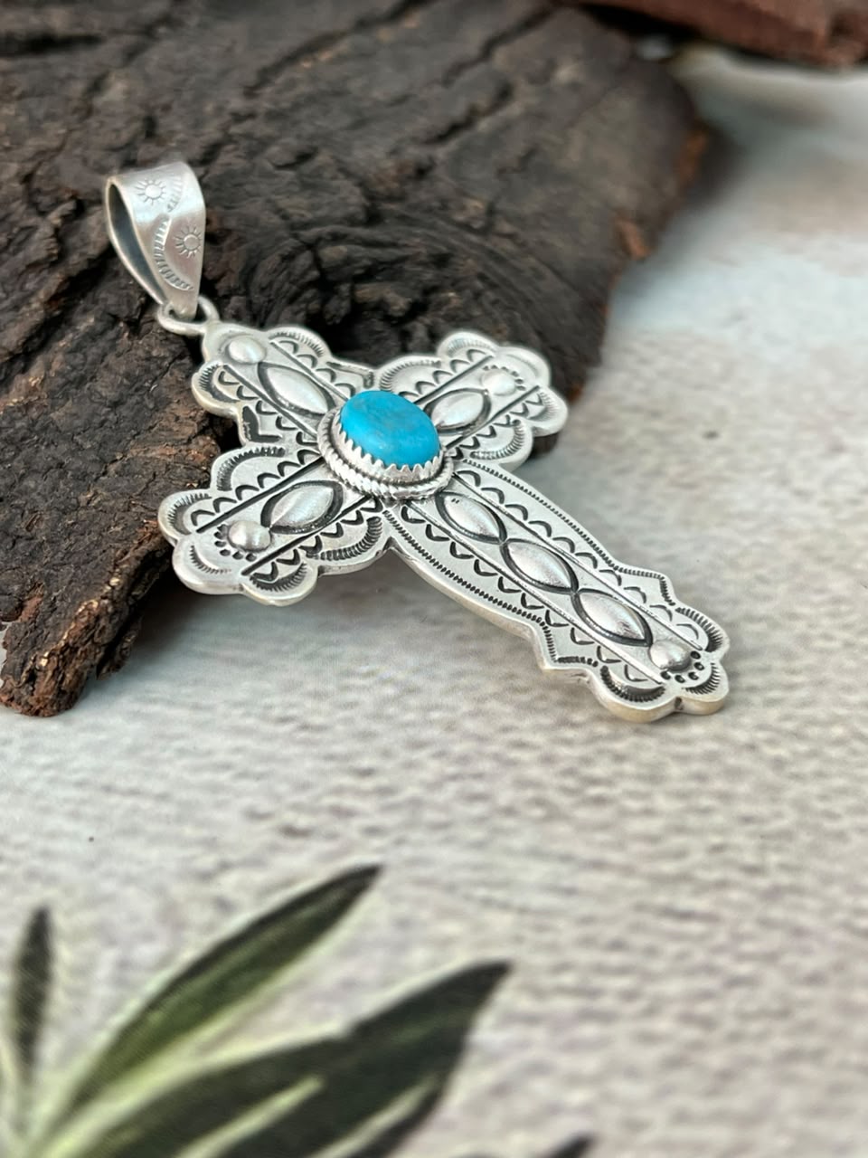 Handmade Sterling Silver Kingman Turquoise Cross Pendant Signed Nizhoni