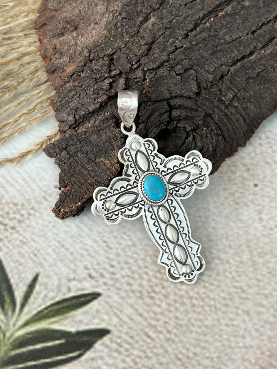 Handmade Sterling Silver Kingman Turquoise Cross Pendant Signed Nizhoni