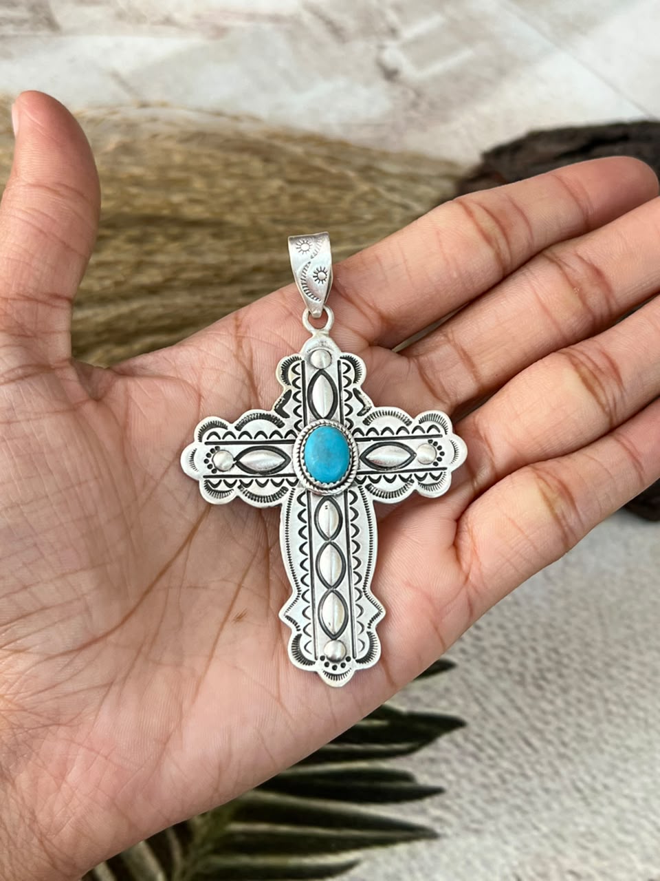 Handmade Sterling Silver Kingman Turquoise Cross Pendant Signed Nizhoni