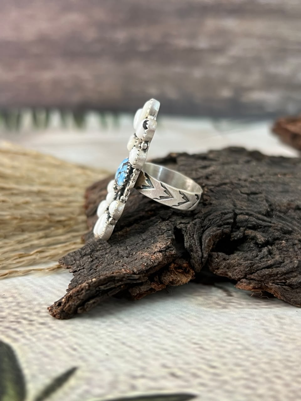 Handmade Sterling Silver Golden Hills with White Buffalo Adjustable Ring Signed Nizhoni