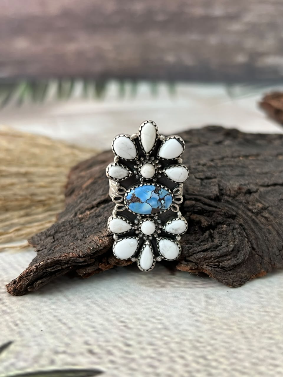 Handmade Sterling Silver Golden Hills with White Buffalo Adjustable Ring Signed Nizhoni