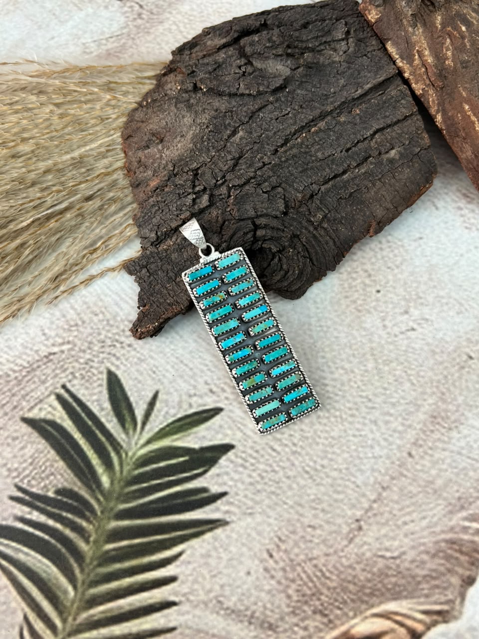 Handmade Sterling Silver Kingman Turquoise Bar Pendant Signed Nizhoni