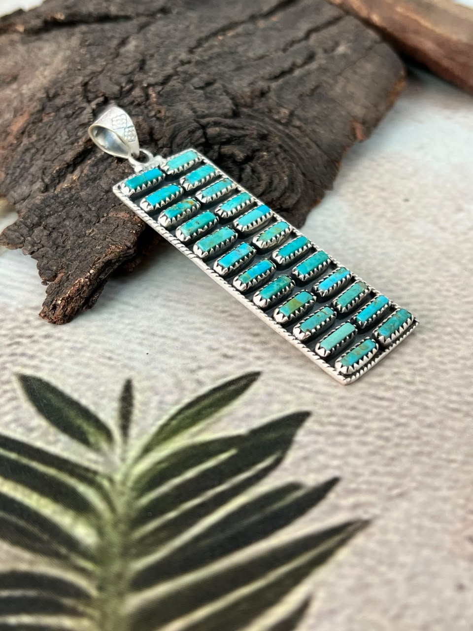 Handmade Sterling Silver Kingman Turquoise Bar Pendant Signed Nizhoni