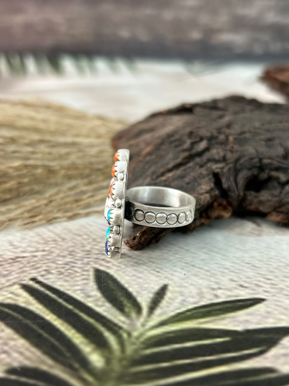 Handmade Sterling Silver Kingman Turquoise with Lapis, Orange Mojave and Wildhorse Magnesite Adjustable Ring Signed Nizhoni