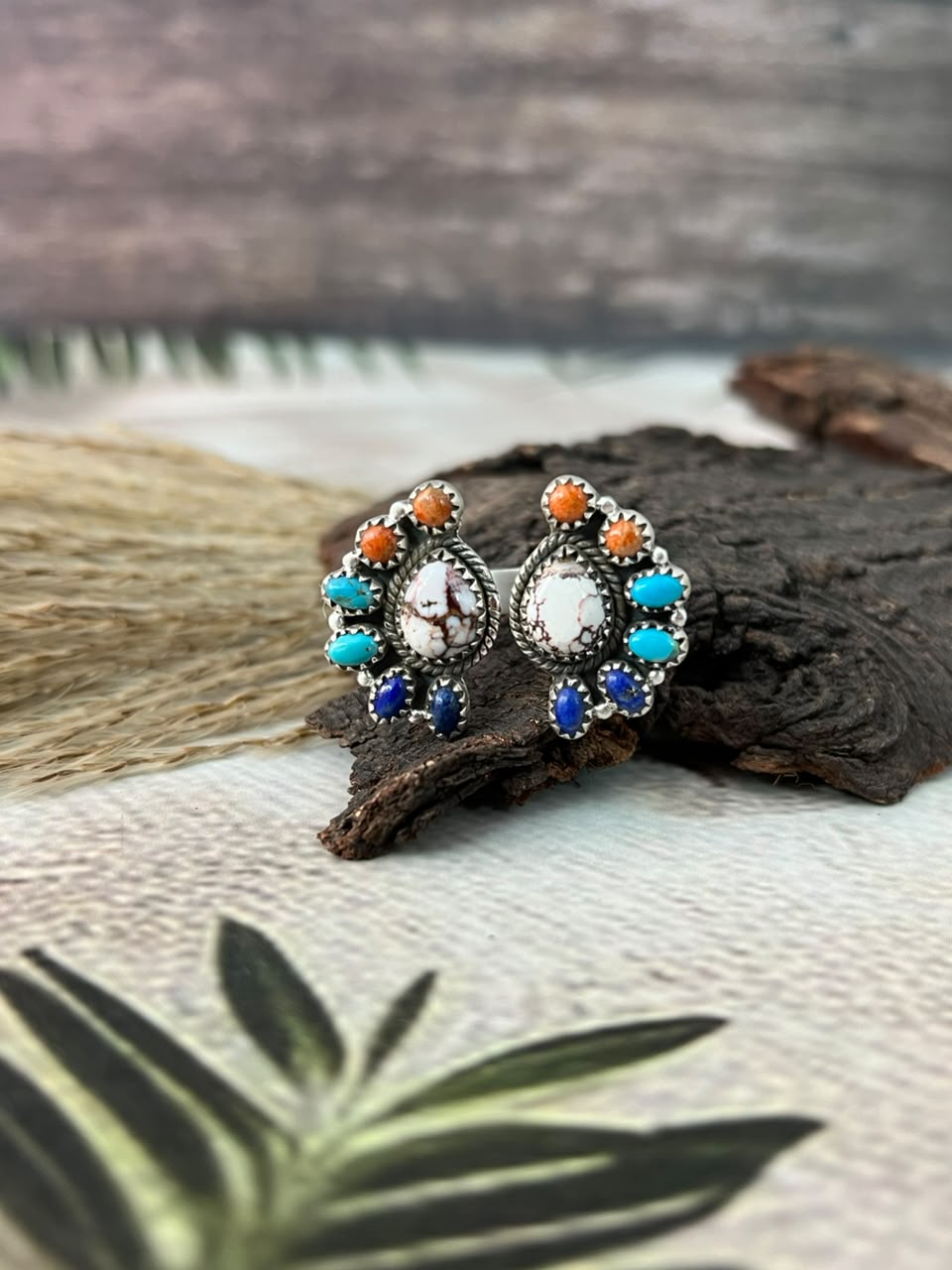 Handmade Sterling Silver Kingman Turquoise with Lapis, Orange Mojave and Wildhorse Magnesite Adjustable Ring Signed Nizhoni