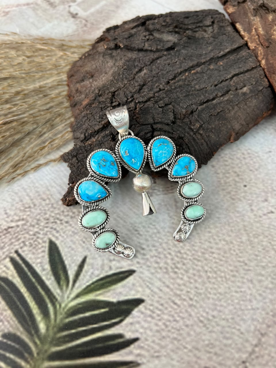 Handmade Sterling Silver Paloma with White Water Turquoise Naja Squash Blossom Pendant Signed Nizhoni