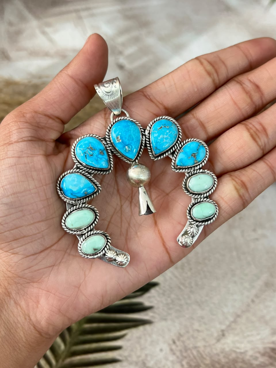 Handmade Sterling Silver Paloma with White Water Turquoise Naja Squash Blossom Pendant Signed Nizhoni