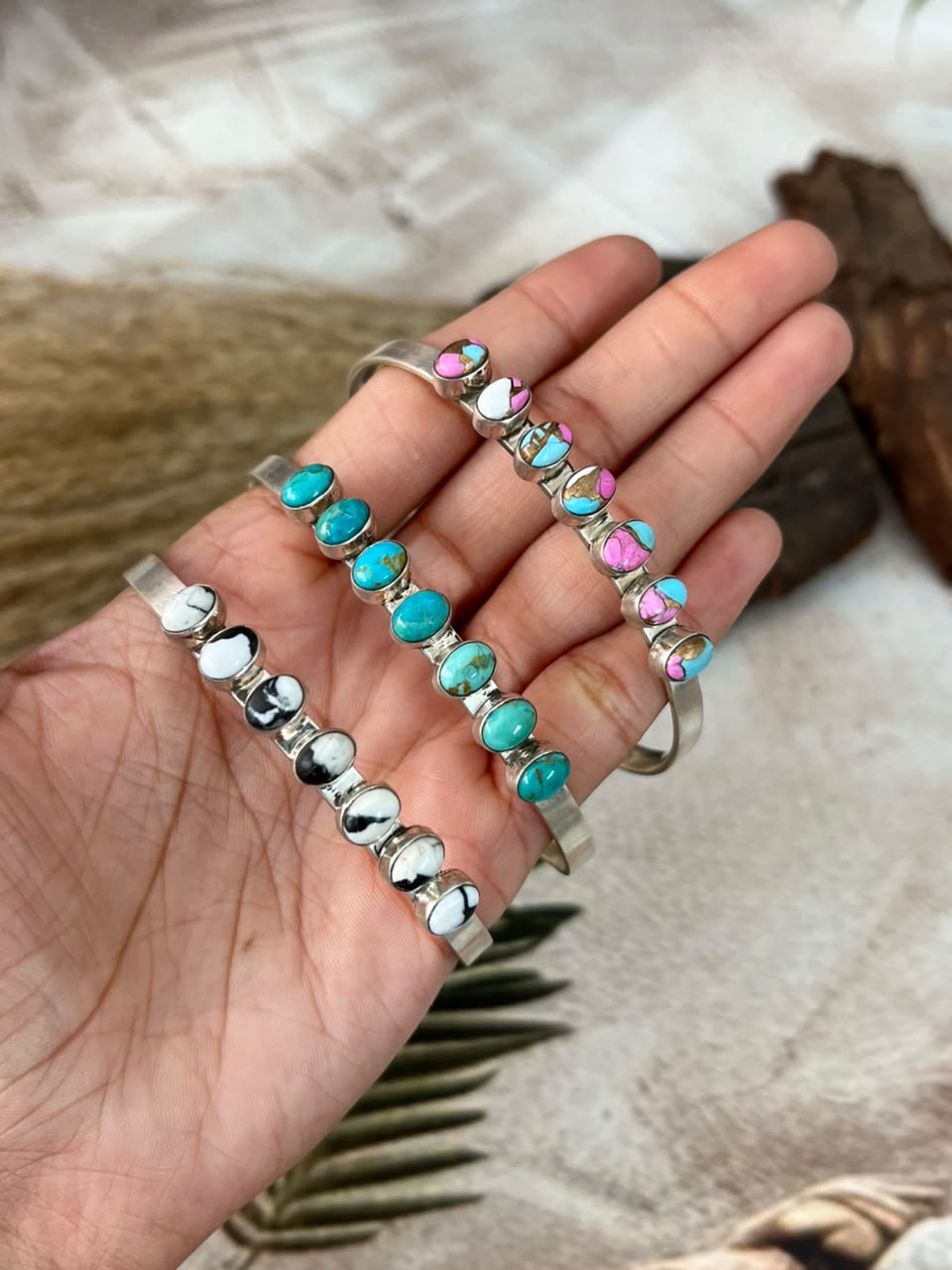 Handmade Sterling Silver Cotton Candy, Kingman Turquoise and White Buffalo Cuff Bracelet Signed Nizhoni