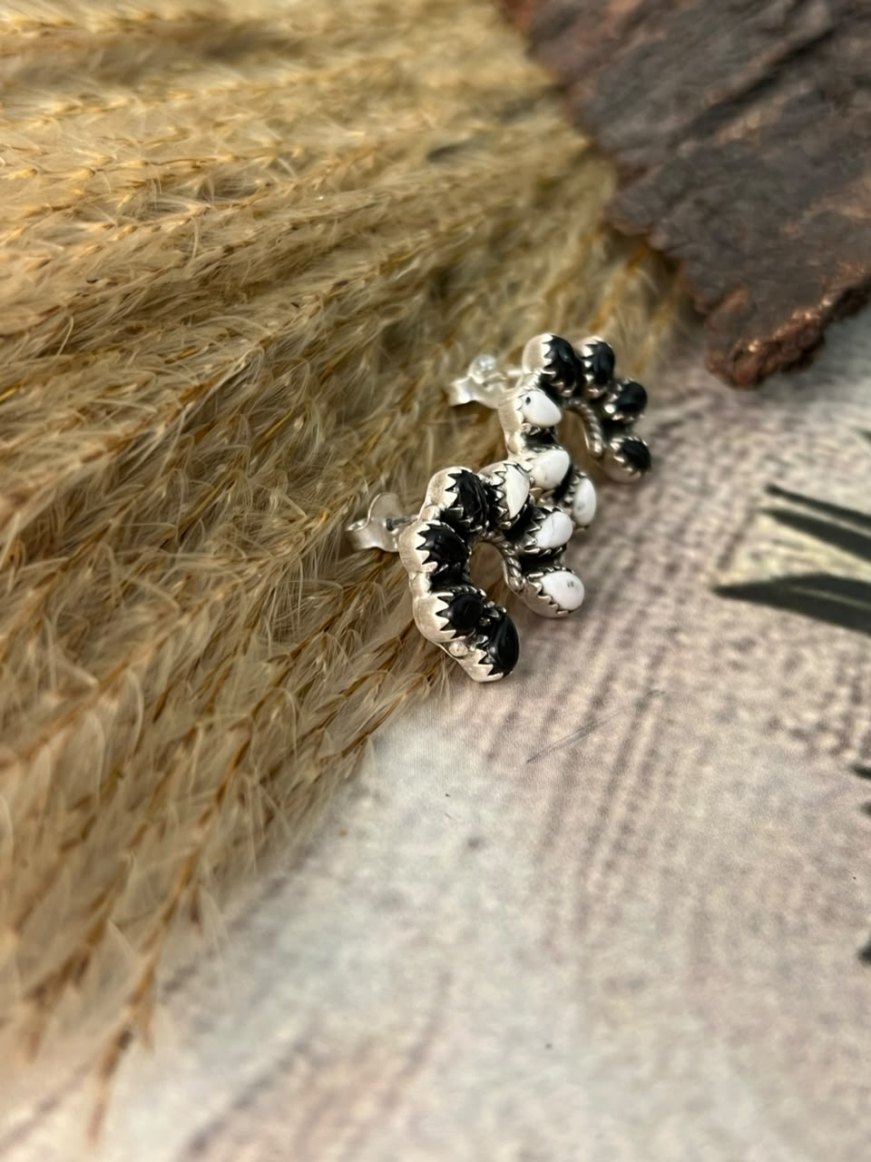 Handmade Sterling Silver White Buffalo Post Studs Naja Earrings Signed Nizhoni