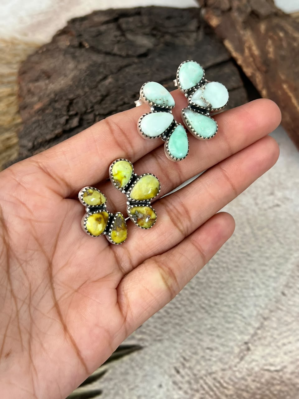 Handmade Sterling Silver Paloma and Palomino Turquoise Post Studs Earrings Signed Nizhoni