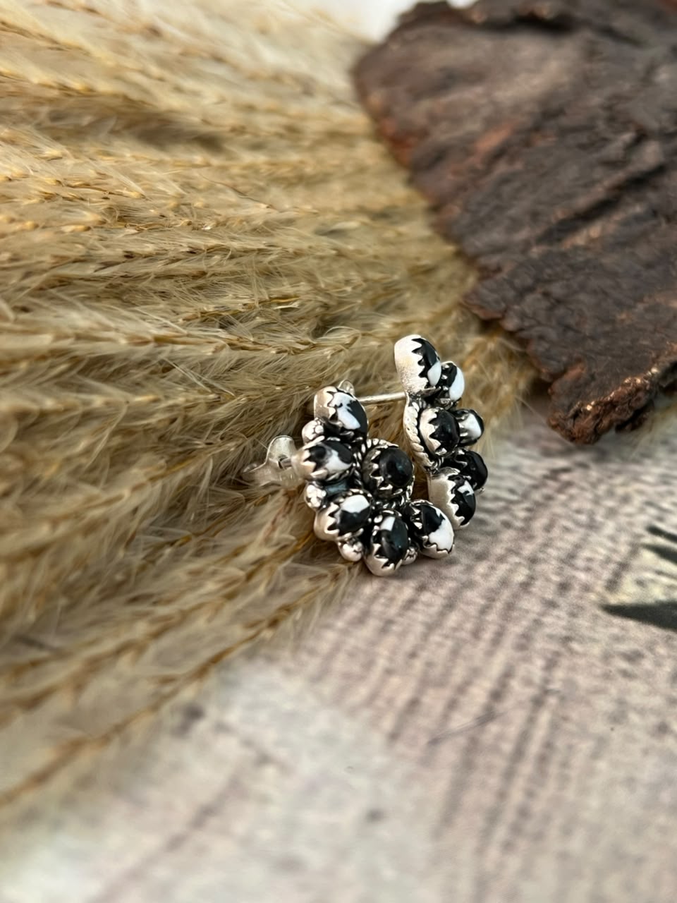 Handmade Sterling Silver White Buffalo Post Studs Earrings Signed Nizhoni