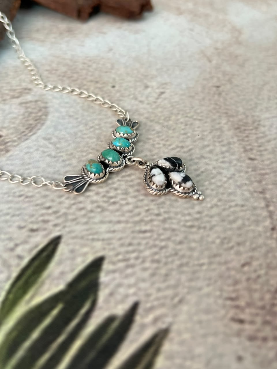 Handmade Sterling Silver White Buffalo with Kingman Turquoise Necklace Signed Nizhoni