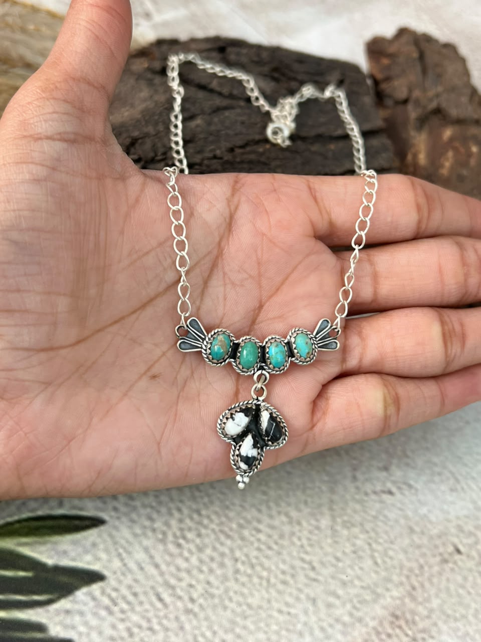 Handmade Sterling Silver White Buffalo with Kingman Turquoise Necklace Signed Nizhoni