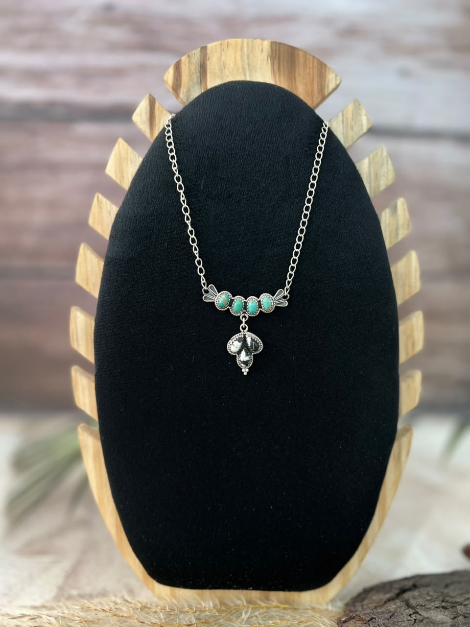 Handmade Sterling Silver White Buffalo with Kingman Turquoise Necklace Signed Nizhoni