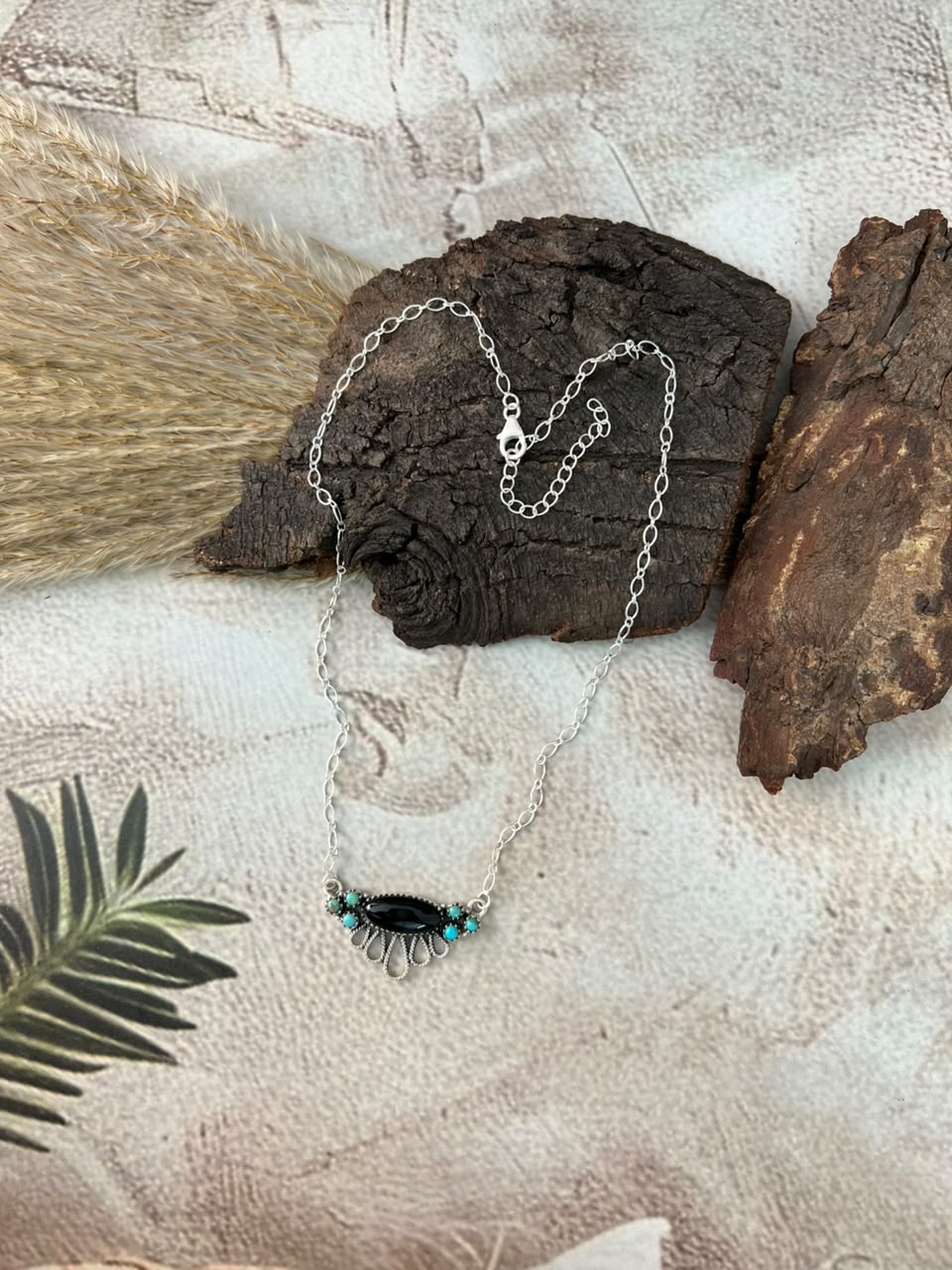 Handmade Sterling Silver Kingman Turquoise with Black Onyx Necklace Signed Nizhoni