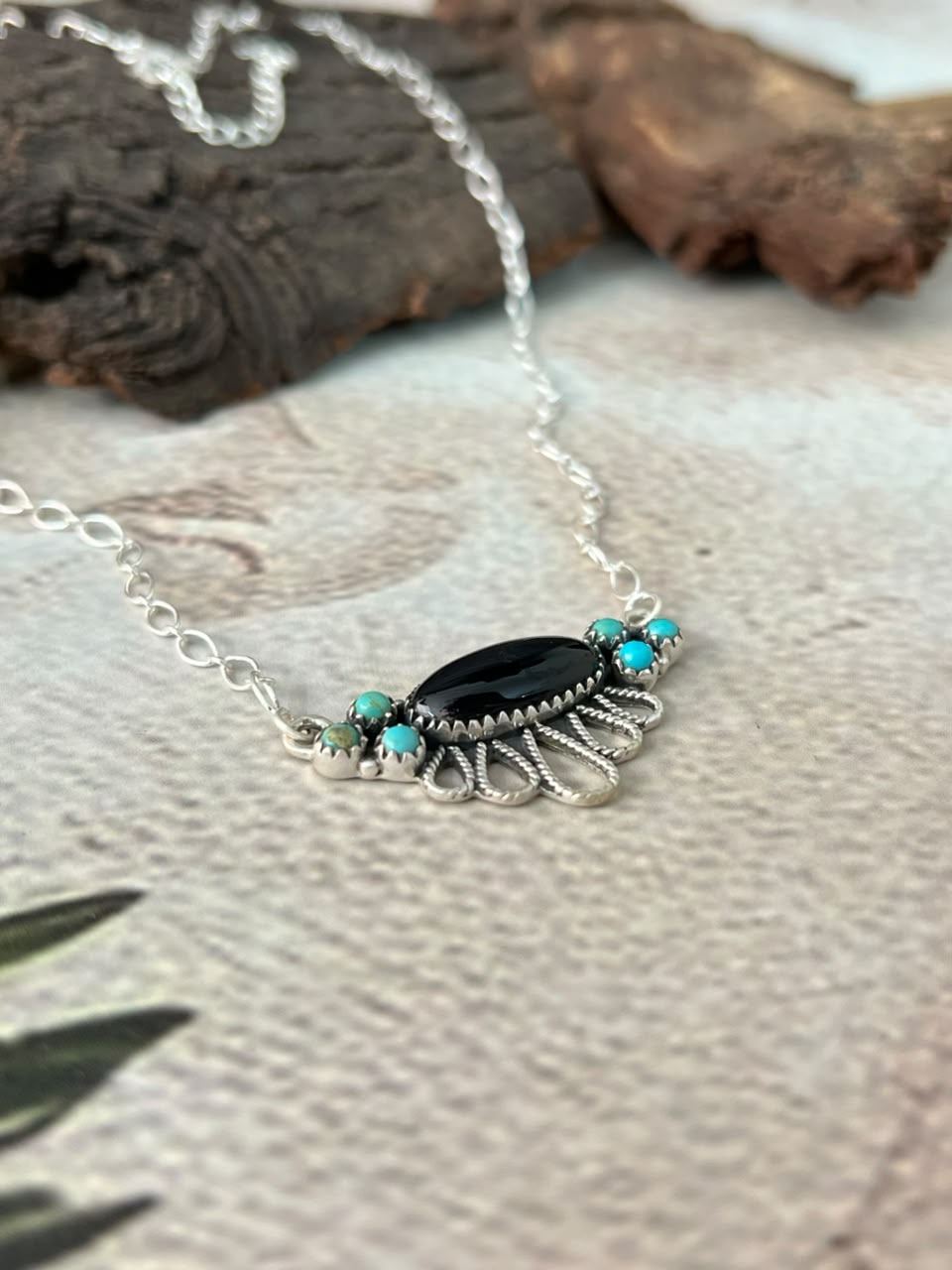 Handmade Sterling Silver Kingman Turquoise with Black Onyx Necklace Signed Nizhoni