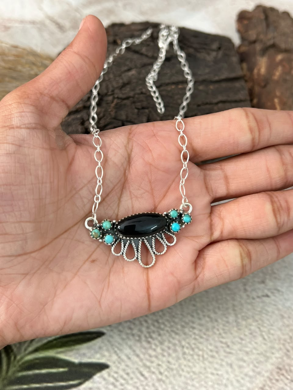 Handmade Sterling Silver Kingman Turquoise with Black Onyx Necklace Signed Nizhoni