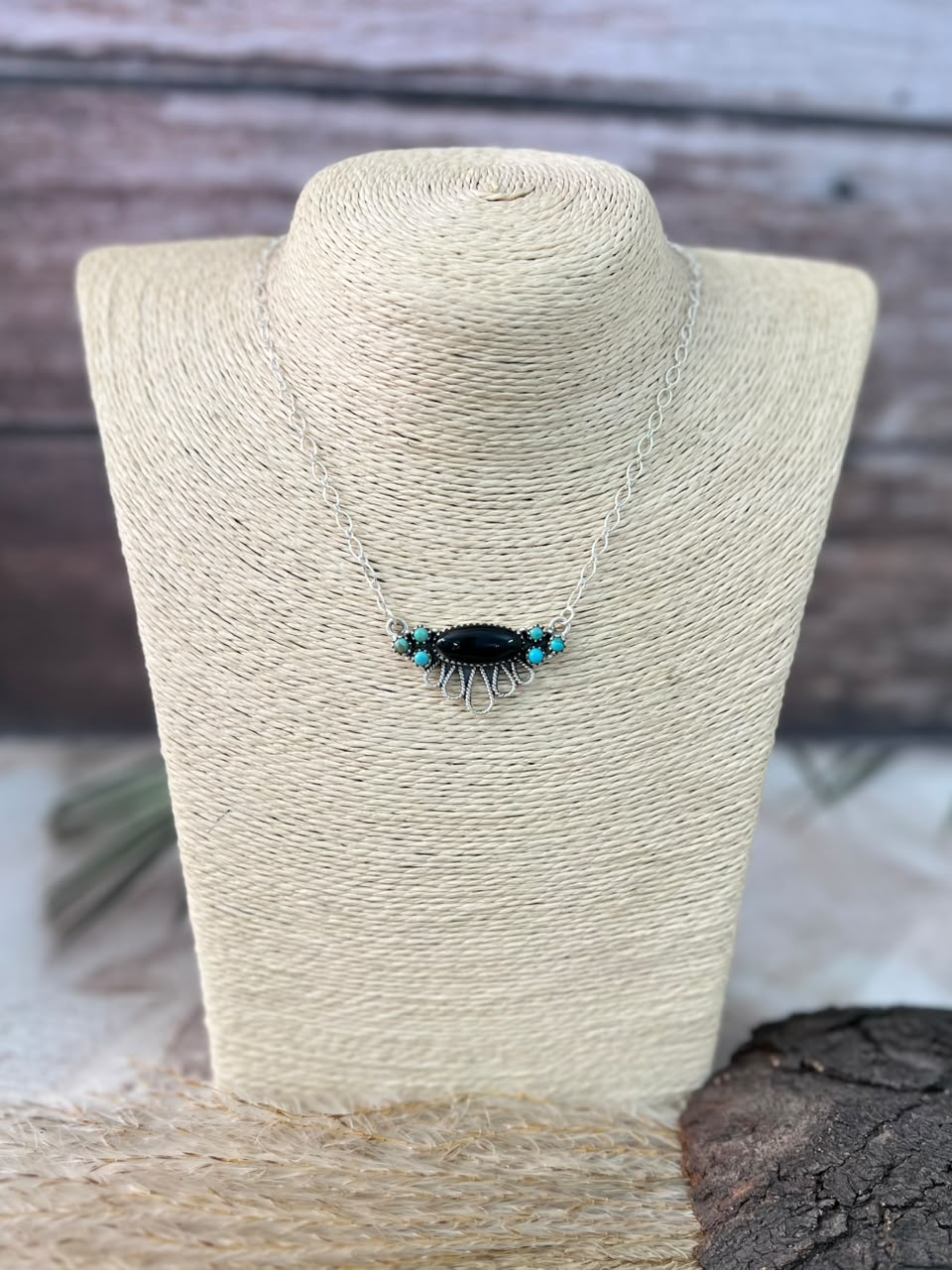Handmade Sterling Silver Kingman Turquoise with Black Onyx Necklace Signed Nizhoni