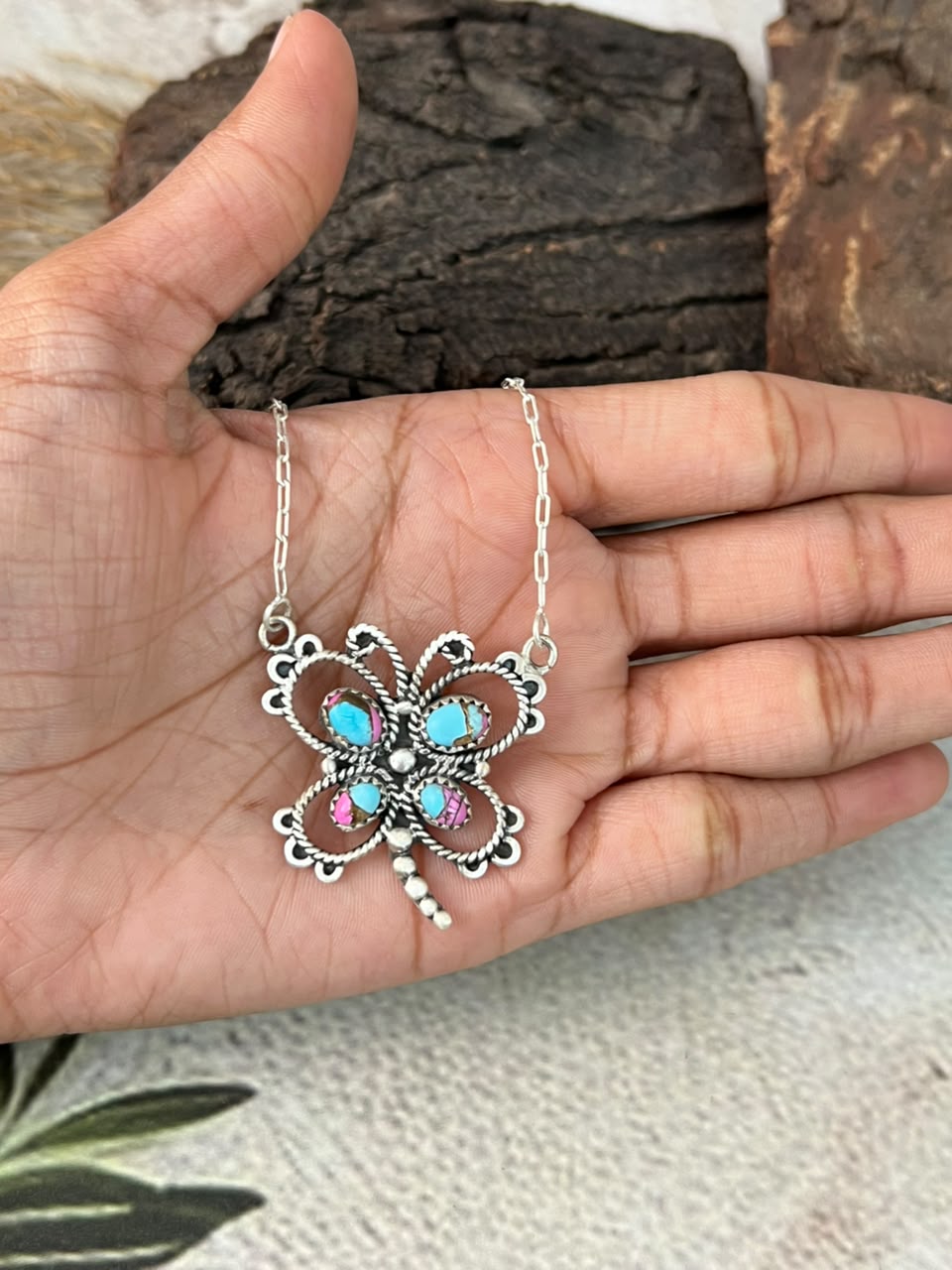 Handmade Sterling Silver Cotton Candy Butterfly Necklace Signed Nizhoni
