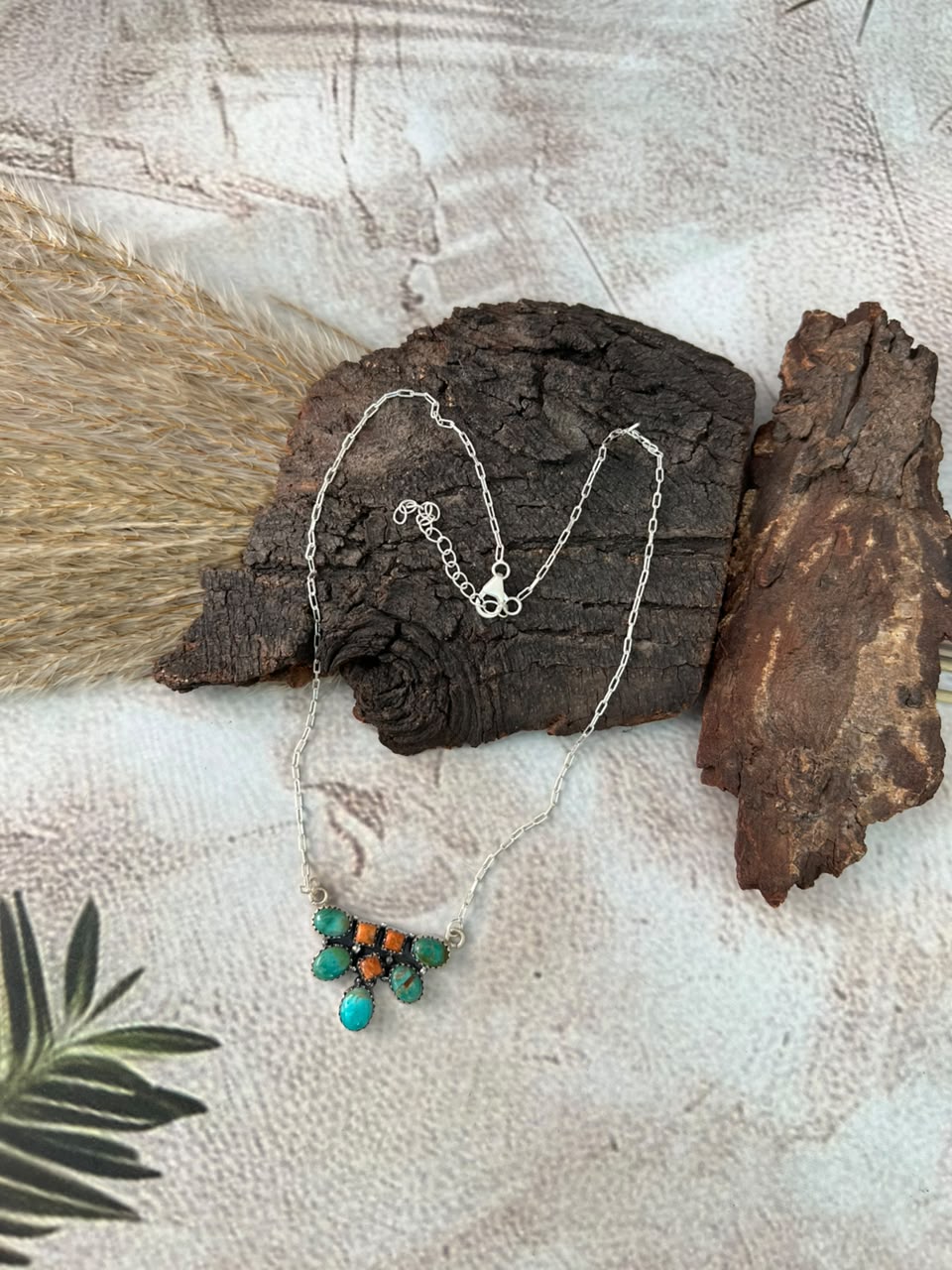 Handmade Sterling Silver Orange Mojave with Kingman Turquoise Necklace Signed Nizhoni