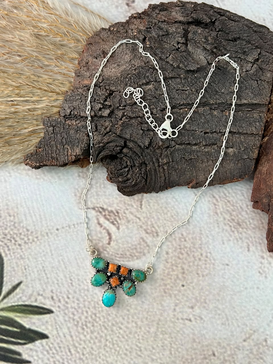 Handmade Sterling Silver Orange Mojave with Kingman Turquoise Necklace Signed Nizhoni