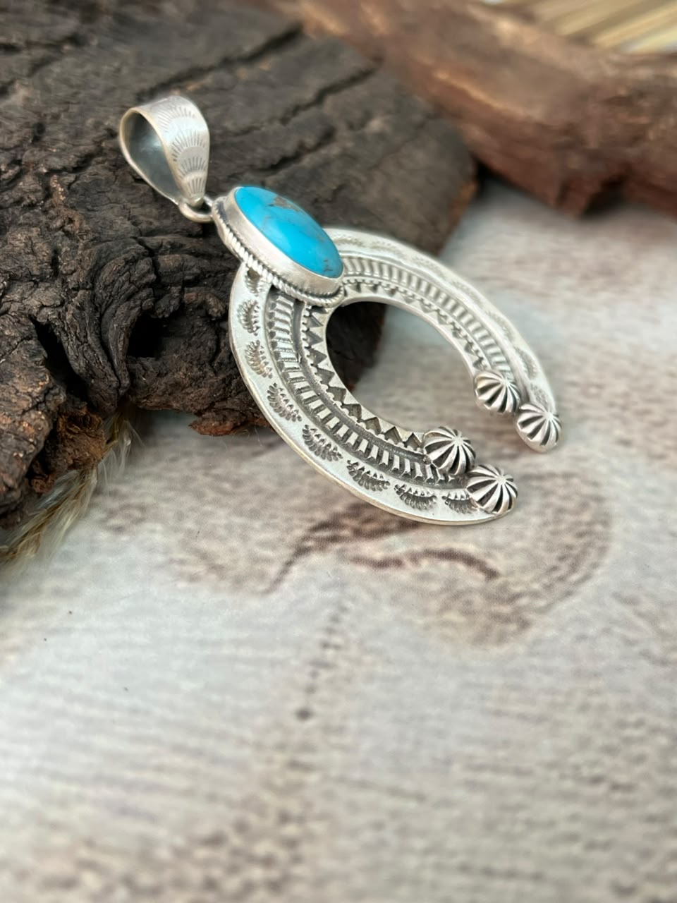 Handmade Sterling Silver Kingman Turquoise Naja Pendant Signed Nizhoni
